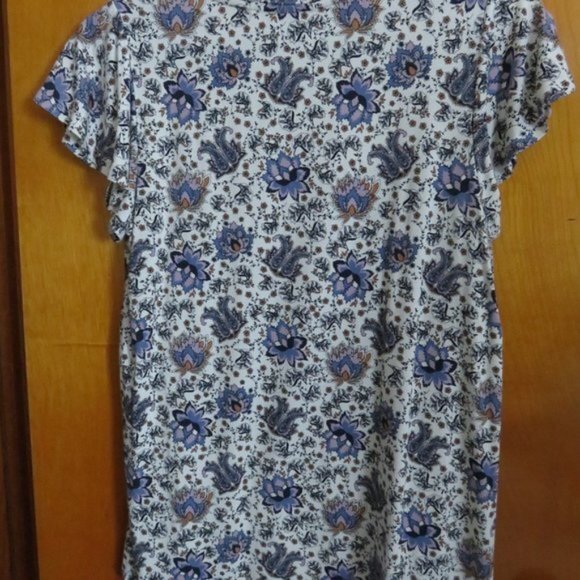 Floral Blue Cream Shirt Flutter Sleeve Top Fleur Bleue Stretch Casual Pattern Sm - Picture 3 of 5
